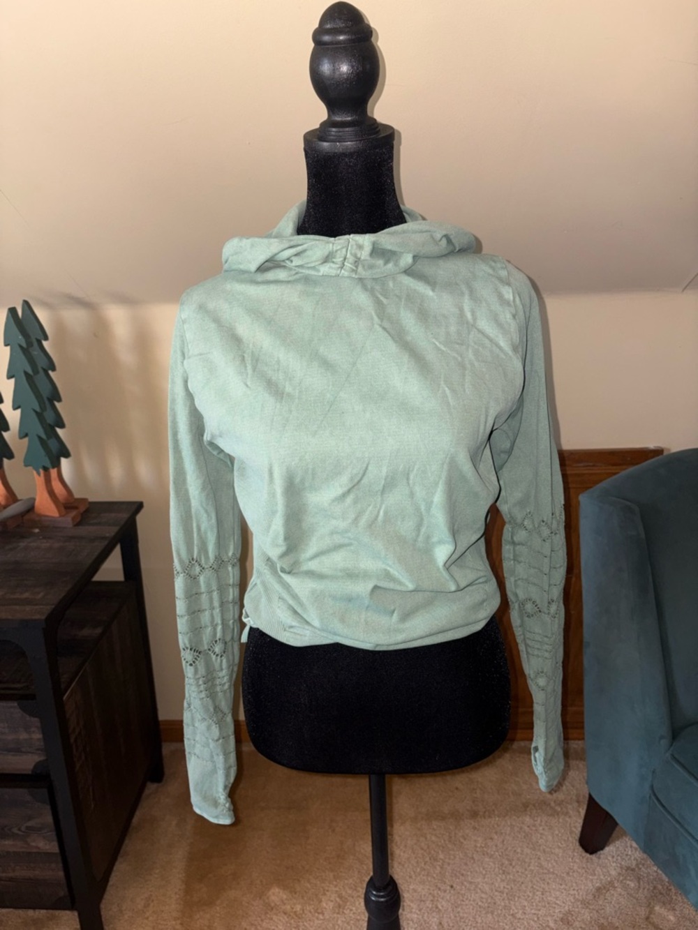 Free People Sage Green Hooded Long Sleeve Knit Top